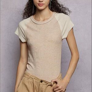 POL Outseam Detail Ribbed T-Shirt with Contrast Color Sleeves